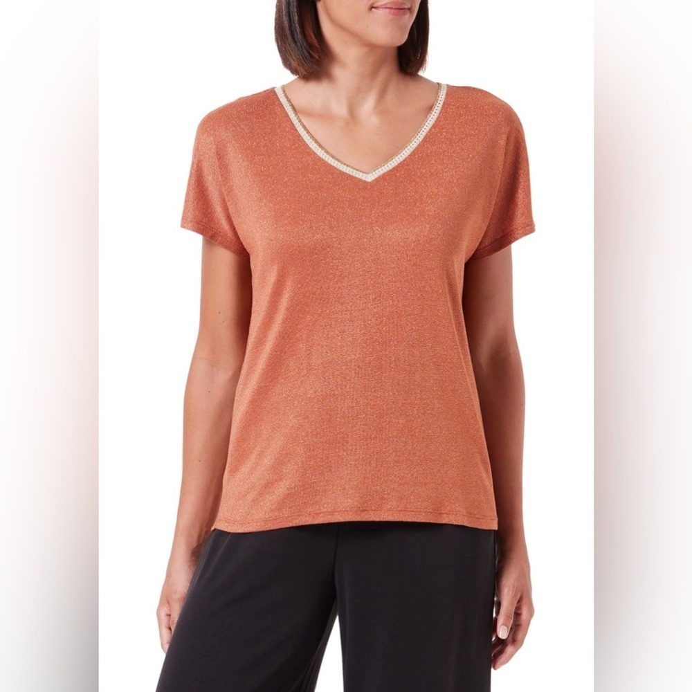 Garcia Women’s Metallic V-Neck Short Sleeve Sparkly Top In Arabian Spice Sz M